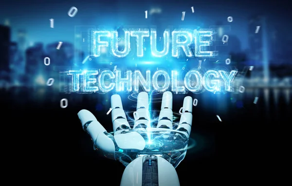White robot hand on blurred background using future technology text hologram 3D rendering