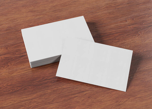 White business card pile on wooden desk mockup 3d rendering