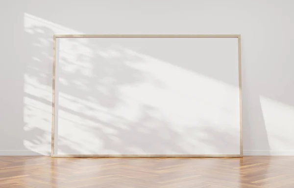 Μεγάλο Οριζόντιο Πλαίσιο Ακουμπά Ένα Λευκό Τοίχο Ξύλινο Εσωτερικό Rendering — Φωτογραφία Αρχείου