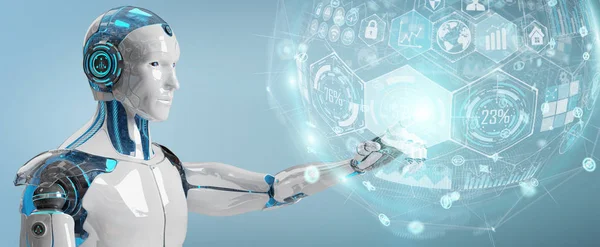 Λευκό Αρσενικό Cyborg Θολή Φόντο Χρησιμοποιώντας Ψηφιακή Γράφημα Απόδοσης Διασύνδεσης — Φωτογραφία Αρχείου