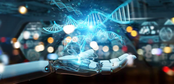 Vita Cyborg Handen Suddig Bakgrund Skanning Mänskligt Dna Rendering — Stockfoto