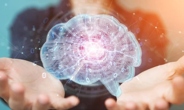 Affärskvinna Suddig Bakgrund Att Skapa Artificiell Intelligens Digital Hjärnan Rendering — Stockfoto