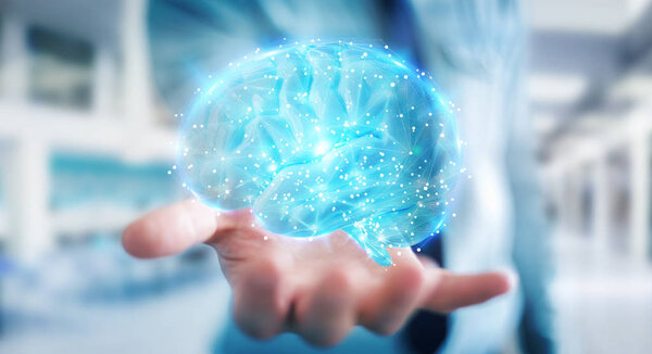 Businessman on blurred background using using digital 3D projection of a human brain 3D rendering