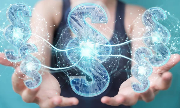 İşkadını 3d işleme dijital paragraf hukuk simgesini kullanarak arka plan bulanık üzerinde