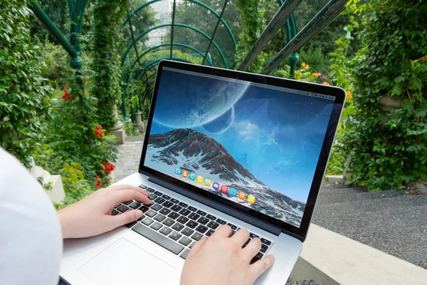 Laptop Laying Woman Knees Green Park Summer Mockup — Stock Photo, Image