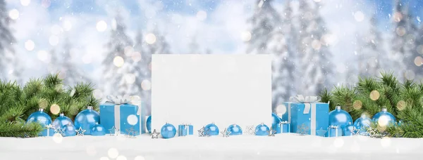 Tarjeta Navidad Blanco Que Pone Bolas Azules Regalo Fondo Montaña —  Fotos de Stock