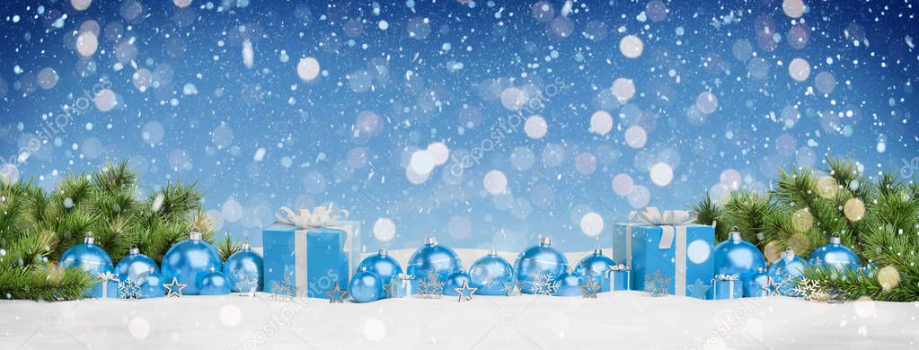 Blue christmas gifts and baubles lined up on blue background 3D rendering