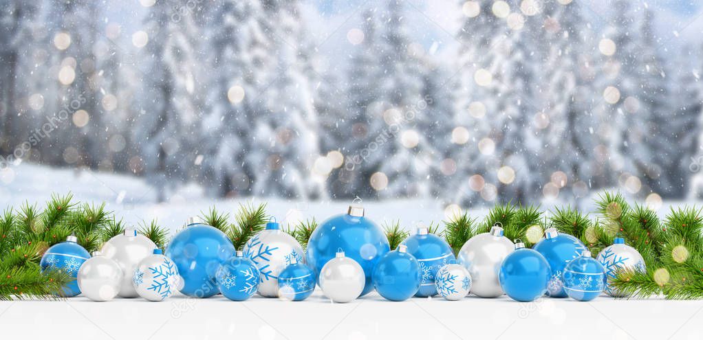 Blue and white christmas baubles lined up on mountain background 3D rendering
