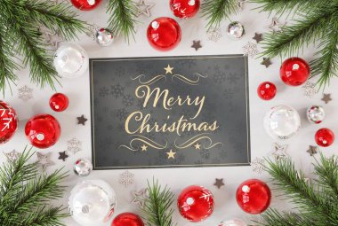 Noel kartı selamlar kırmızı baubles 3d render ile beyaz ahşap üzerine
