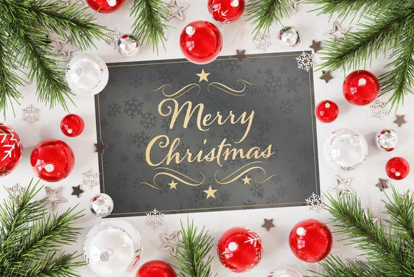 Χριστουγεννιάτικη Κάρτα Χαιρετισμούς Λευκό Ξύλο Κόκκινα Στολίδια Rendering — Φωτογραφία Αρχείου