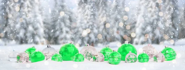 Зеленые Серебряные Рождественские Безделушки Снежном Фоне Рендеринг — стоковое фото