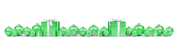 Groene Kerstcadeaus Kerstballen Opgesteld Een Witte Achtergrond Rendering — Stockfoto