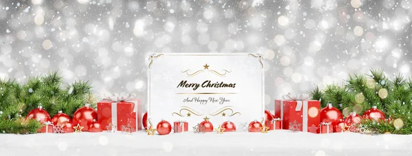 Karácsonyi Kártya Szóló Piros Baubles Ajándék Szürke Háttér Előtt Leképezés — Stock Fotó