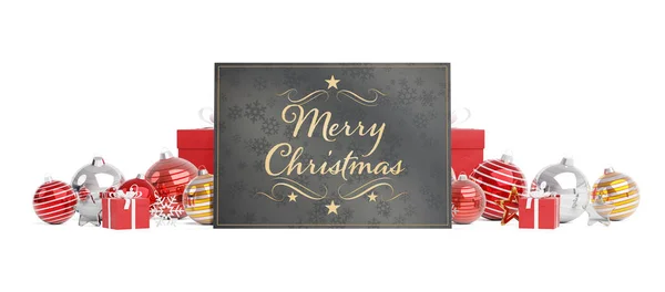 Auguri Cartolina Natale Posa Bagattelle Rosse Isolato Sfondo Bianco Rendering — Foto Stock