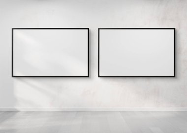İki yatay çerçeve beyaz asılı mockup 3d render duvar