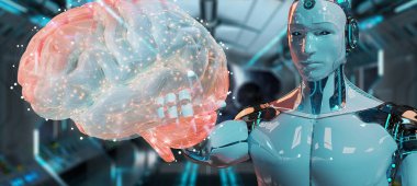 Yapay zeka 3d render oluşturma bulanık arka plan üzerinde beyaz adam insanımsı