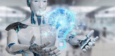 Cyborg bulanık arka plan dijital soru işaretleri 3d render ile sorun çözme