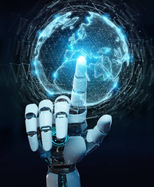 Dünya ağ hologram Europe harita 3d rendering ile kullanarak arka plan bulanık beyaz insansı el