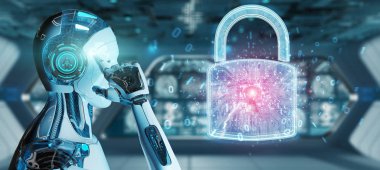 Arka plan bulanık 3d render robot tarafından kullanılan web güvenlik koruma arayüzü
