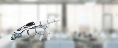 Beyaz cyborg uzay arka plan 3d render onun parmak işaret