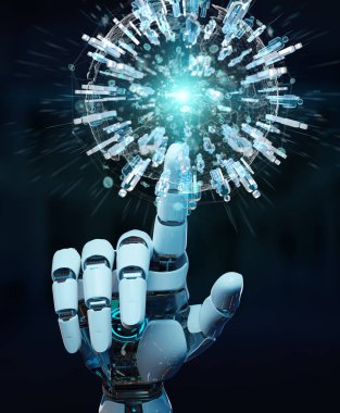 Beyaz robot el bulanık arka plan dijital dünya insanlar 3d render bağlanmak için kullanma