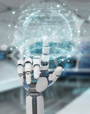 Beyaz cyborg el planet Earth arabirimi 3d rendering kullanarak arka plan bulanık üzerinde