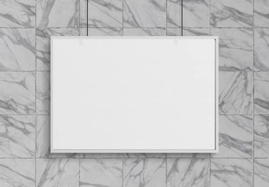 Bir duvar mockup 3d render önünde asılı beyaz bir çerçeve