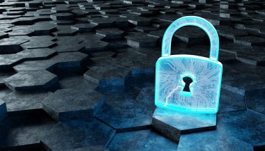 Siyah mavi soyut asma kilit simgesi altıgenler arka planda 3d render