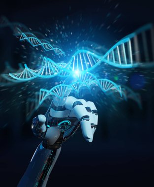 Beyaz cyborg el insan DNA'sı 3d render tarama bulanık arka plan üzerinde