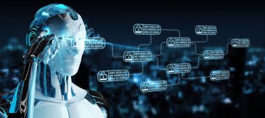 Kesmek ve özel siber veriler erişme bulanık arka plan üzerinde beyaz robot