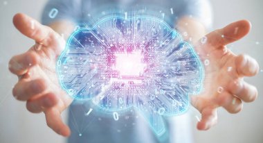 Yapay zeka bir dijital beyin 3d render oluşturma bulanık arka plan üzerinde işadamı