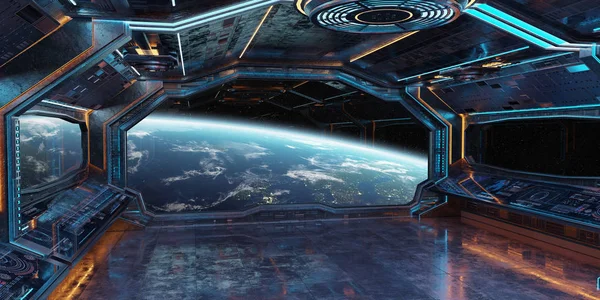 Grunge Nave Espacial Azul Laranja Interior Com Vista Para Planeta — Fotografia de Stock
