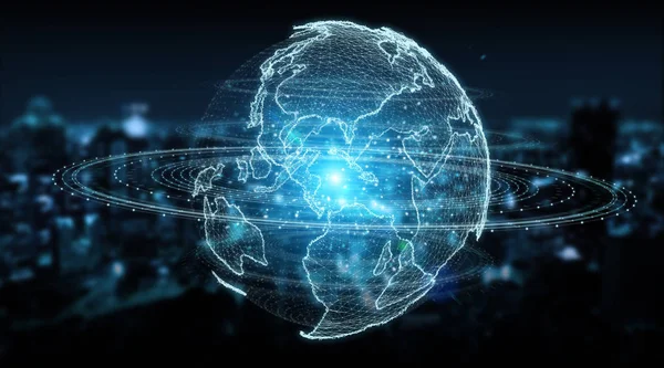 Ağ hologram Amerika ABD harita üzerinde mavi şehir arka plan 3d render ile Küre