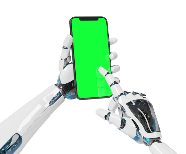 Branco Robô Mão Segurando Moderno Smartphone Mockup Fundo Branco Renderização — Fotografia de Stock