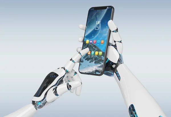 White robot hand holding modern smartphone mockup on grey background 3d rendering