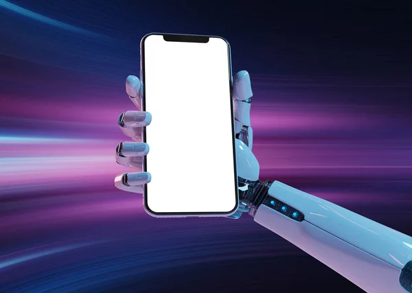 White robot hand holding modern smartphone mockup on pink blue background 3d rendering