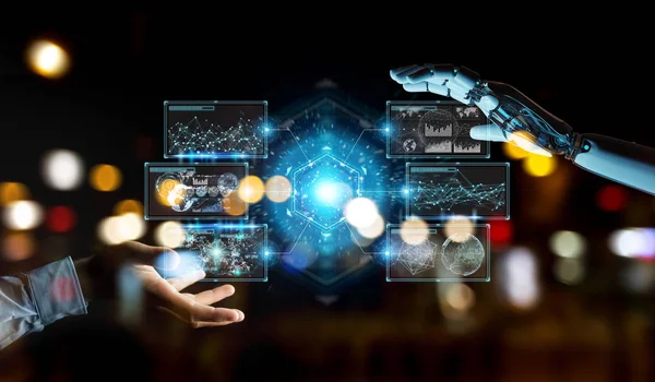 White Cyborg Hand Blurred Background Using Digital Datas Interface Rendering — Stock Photo, Image
