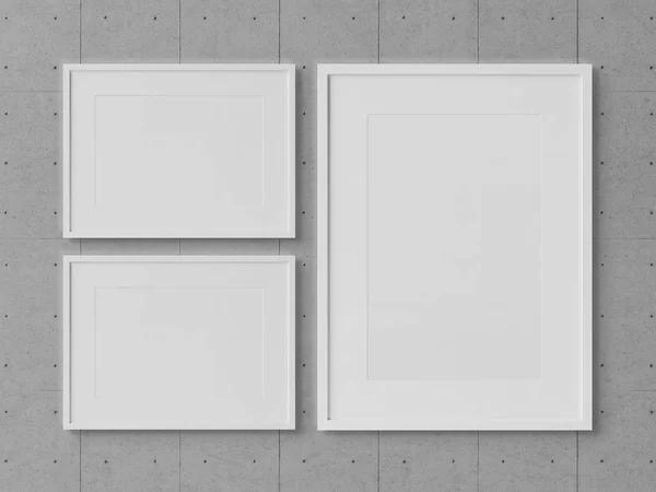 Λευκά Ορθογώνια Πλαίσια Κρέμεται Από Ένα Τσιμεντένιο Τοίχο Rendering Κοροϊδεύω — Φωτογραφία Αρχείου