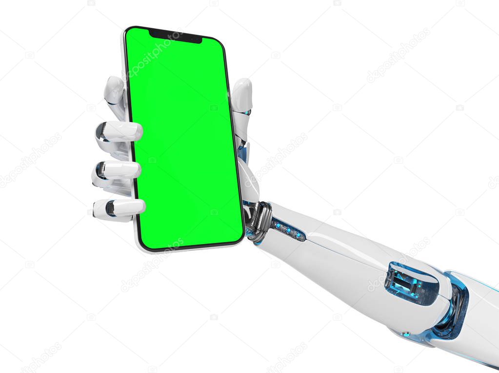 White robot hand holding modern smartphone mockup on white background 3d rendering