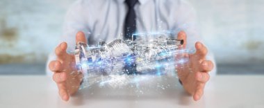 Max, bir motorun tel kafes sanal 3d dijital projeksiyon kullanarak arka plan bulanık üzerinde işadamı