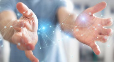 İşadamı fütüristik bağlantı arabirimi 3d rendering kullanarak arka plan bulanık üzerinde