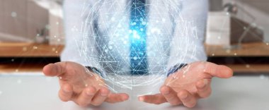 İşadamı dijital üçgen küre hologram 3d render patlayan kullanarak arka plan bulanık üzerinde