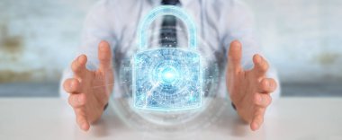 Arka plan bulanık 3d render üzerinde işadamı tarafından kullanılan web güvenlik koruma arayüzü