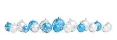 Beyaz arka plan üzerinde 3d render izole mavi ve gümüş Noel baubles