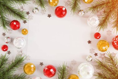 Noel kartı mockup kırmızı baubles 3d render ile beyaz ahşap üzerine