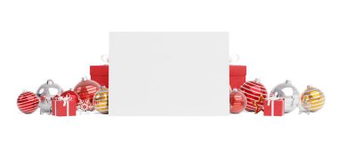 Boş Noel kartı 3d render beyaz arka plan üzerinde izole kırmızı baubles üzerinde döşeme