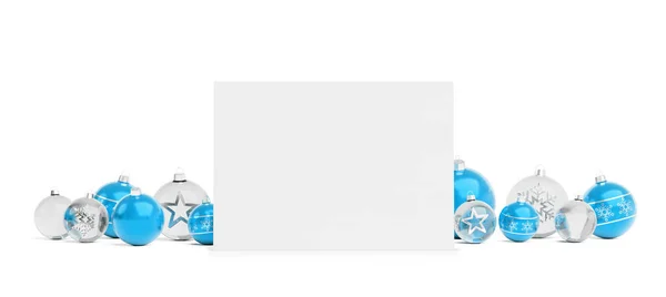 Üres Karácsonyi Kártya Szóló Kék Baubles Elszigetelt Fehér Background Leképezés — Stock Fotó