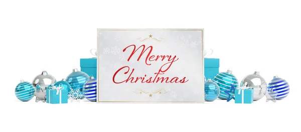 Kerstkaart Groeten Opleggen Van Blauwe Kerstballen Geïsoleerd Een Witte Achtergrond — Stockfoto