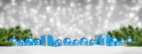 Regalos Adornos Azules Navidad Alineados Sobre Fondo Gris Nevado —  Fotos de Stock