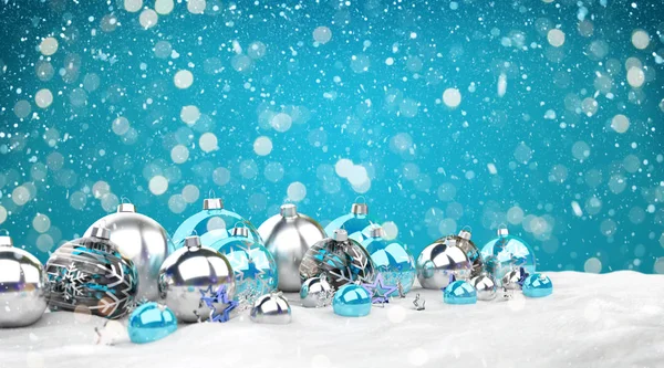 Blauwe Zilveren Kerstballen Blauwe Achtergrond Rendering — Stockfoto